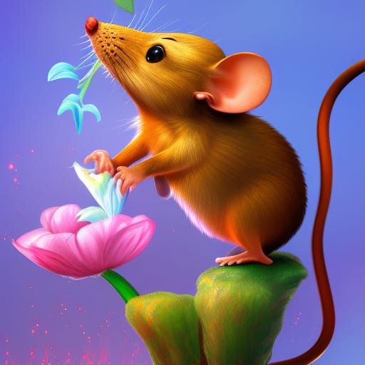 Cartoon Mouse Sipping Nectar: Detailed Matte Painting