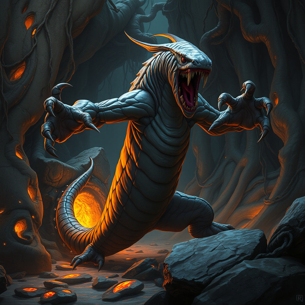 Ferocious, Humanoid Worm in Dark Fantasy Landscape