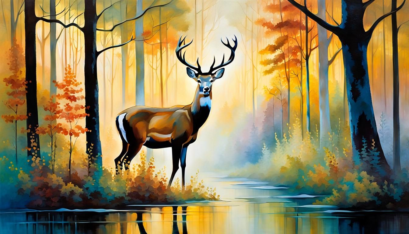 Impressionist Deer in Misty Forest at Dawn