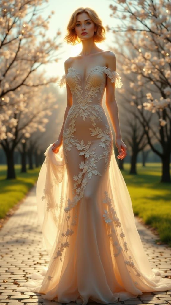 Glamorous Woman in Champagne Tulle Dress in Spring Park