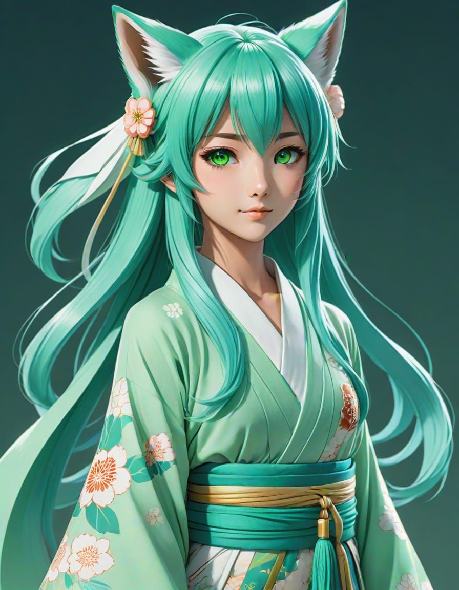 Anime Fox Maiden in Seafoam Green Kimono