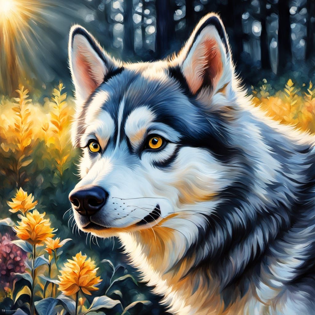 Husky in Summer: Impressionistic Gouache Charcoal Drawing