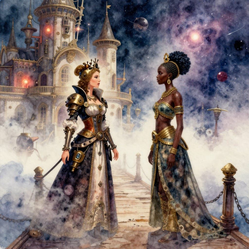 Steampunk and East African Queens on Cosmic Pier in Watercol...