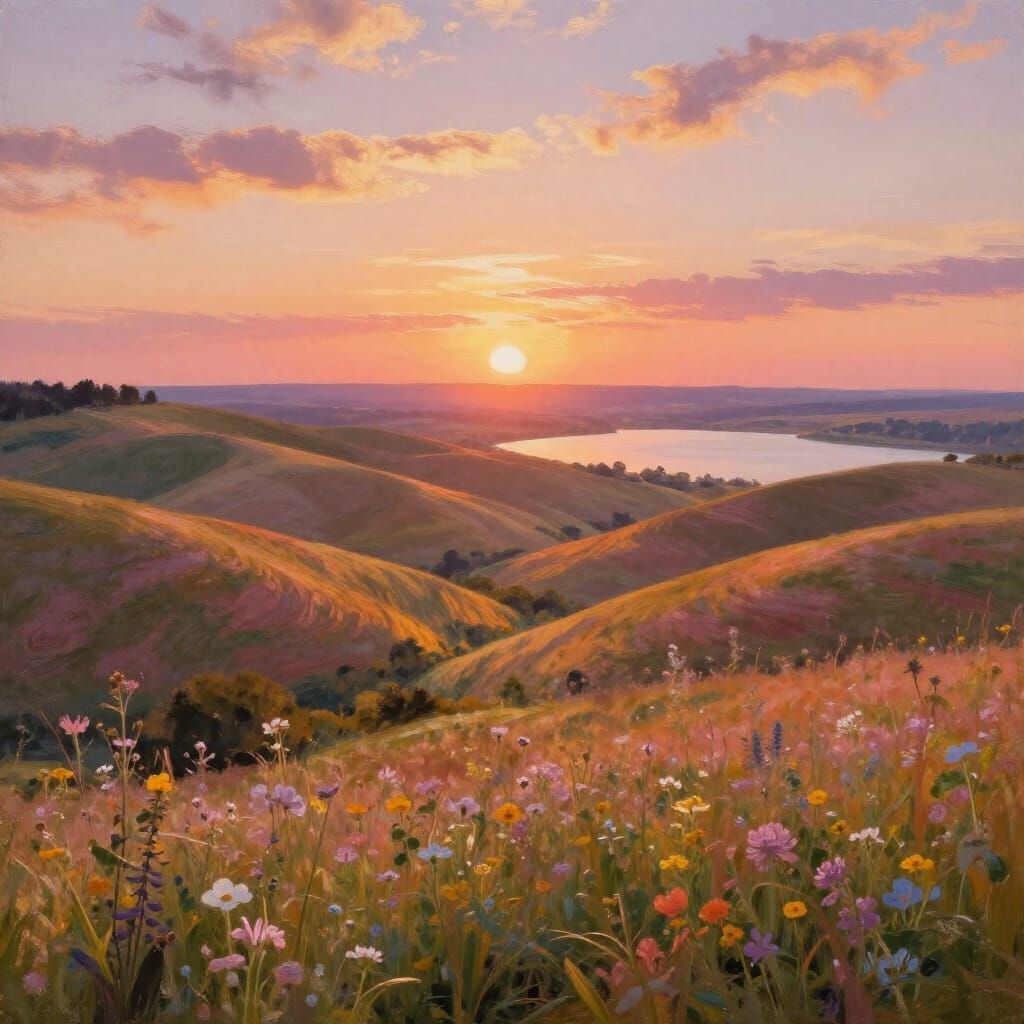 Ethereal Sunset Landscape Painting with Rolling Hills