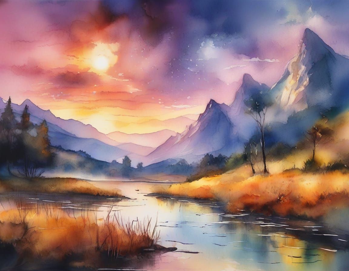 Golden Sunset in Hidden Valley: Watercolour Landscape