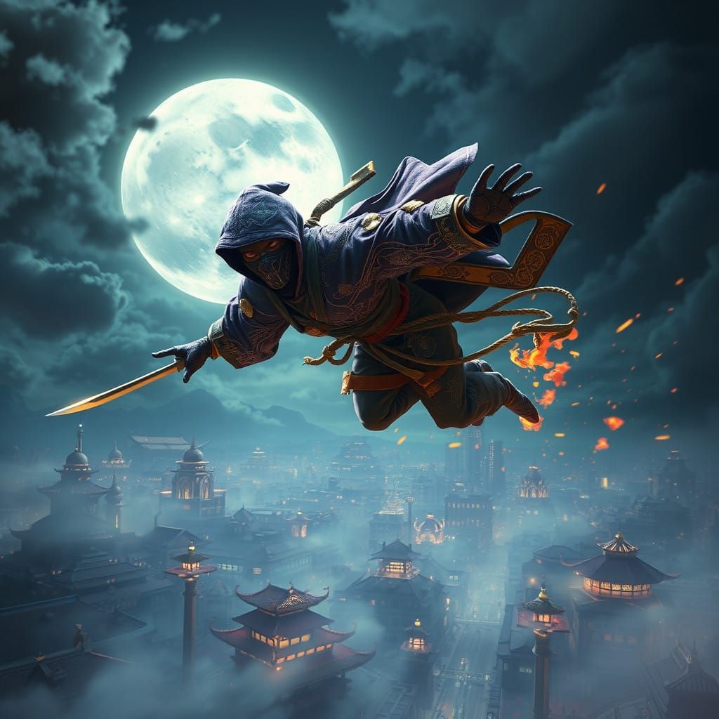 Majestic Flying Ninja Soars Through Moonlit Skies in Ancient...