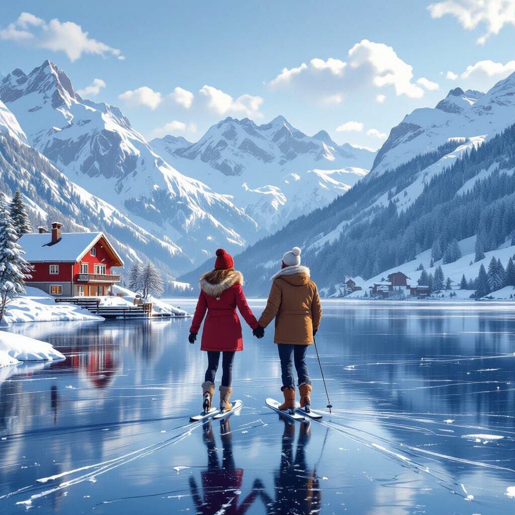 Winter Lake Scene with Couple Skating: Photorealistic Style
