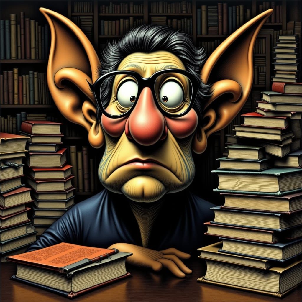 Stern Librarian Caricature with Giant Nose and Ears