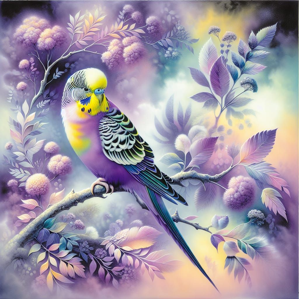 Surreal Budgerigar in Dreamlike Forest: Watercolor Airbrush ...