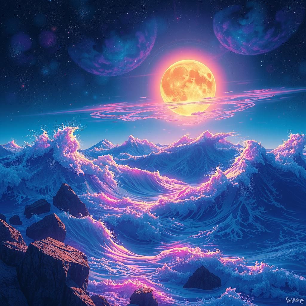 Mystic Horror Sunset: Holographic Cosmic Illustration