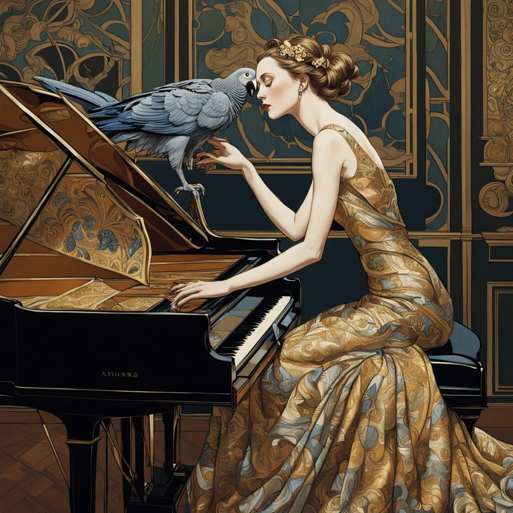Elegant Woman Plays Piano with African Grey Parrot in Luxuri...