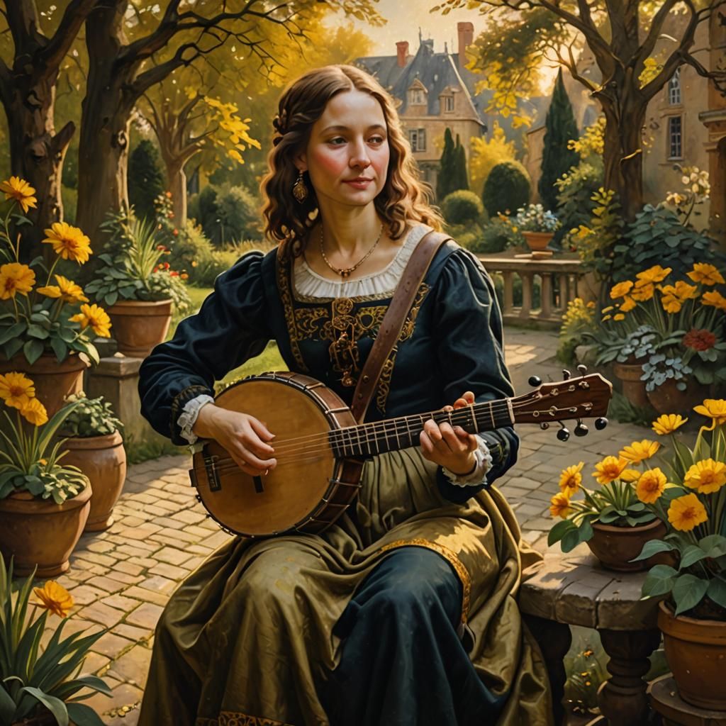 Mona Lisa Plays Banjo as Dutch Master Oil Painting