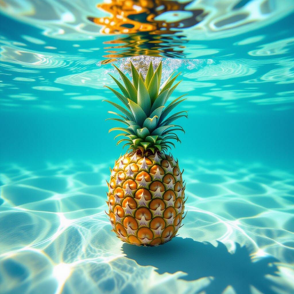 Juicy Pineapple Floating in Clear Turquoise Water