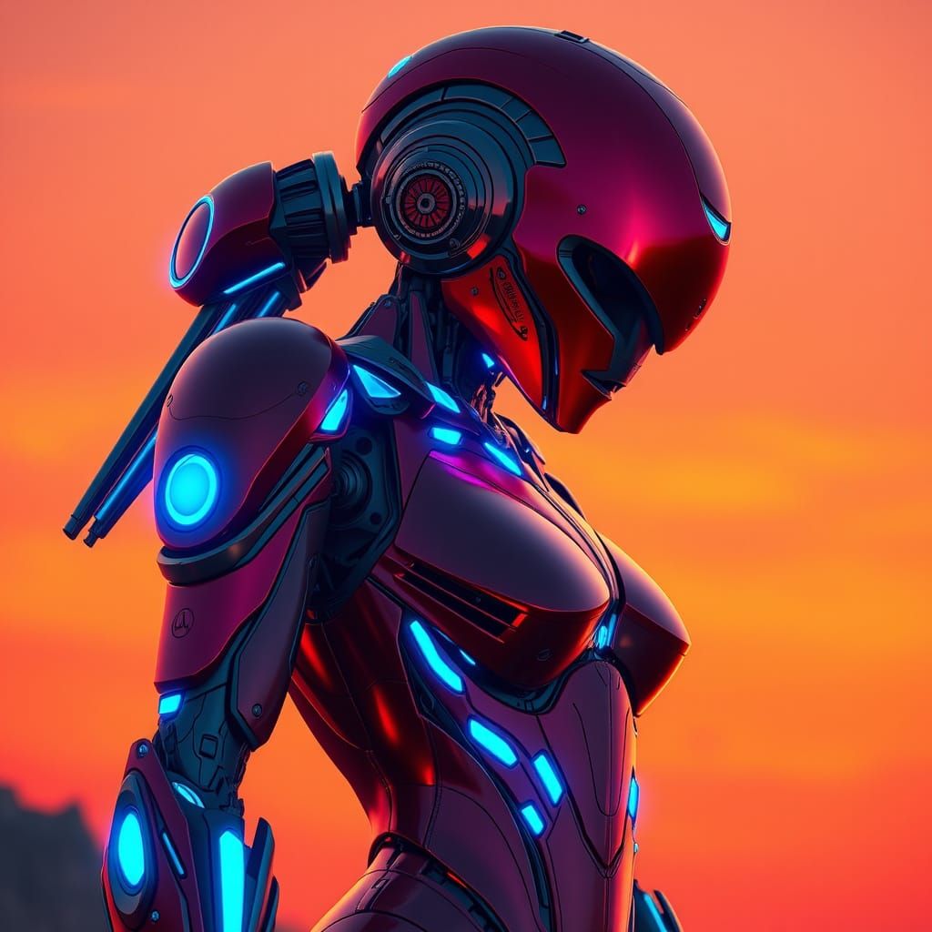 Heroic Scarlet Robot Against Sunset Orange Hues