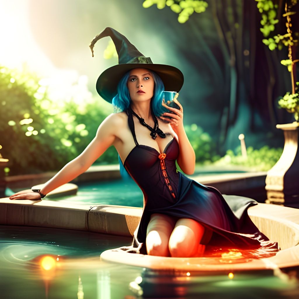 Mystical Witch Sunbathing by a Magical Pool