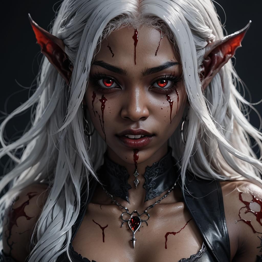 "22 year old evony black female vampire, with long white hair and tattooed arms, blood dripping from her fangs, By artis...