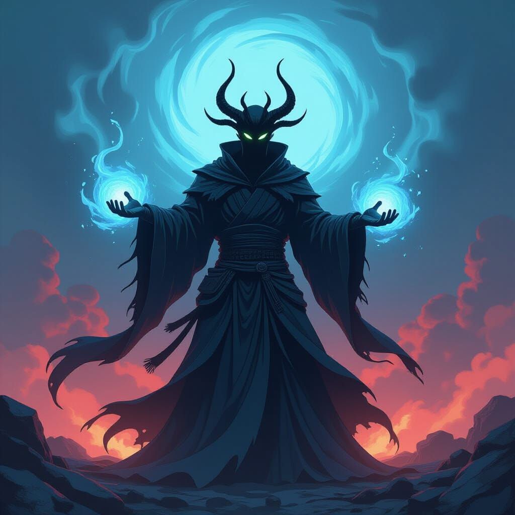 God of Chaos in Manga Style with Apocalyptic Backdrop