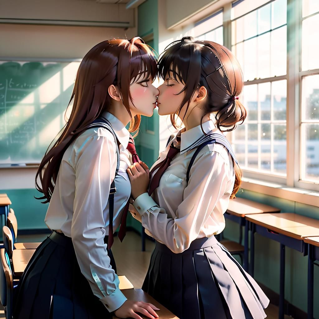 Romantic Anime Girls Kissing in Watercolor Style