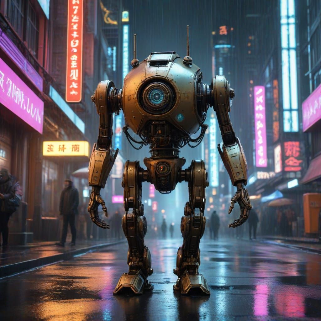 Elegant Steampunk Robot in Neo-Tokyo's Rainy Streets, in Cin...