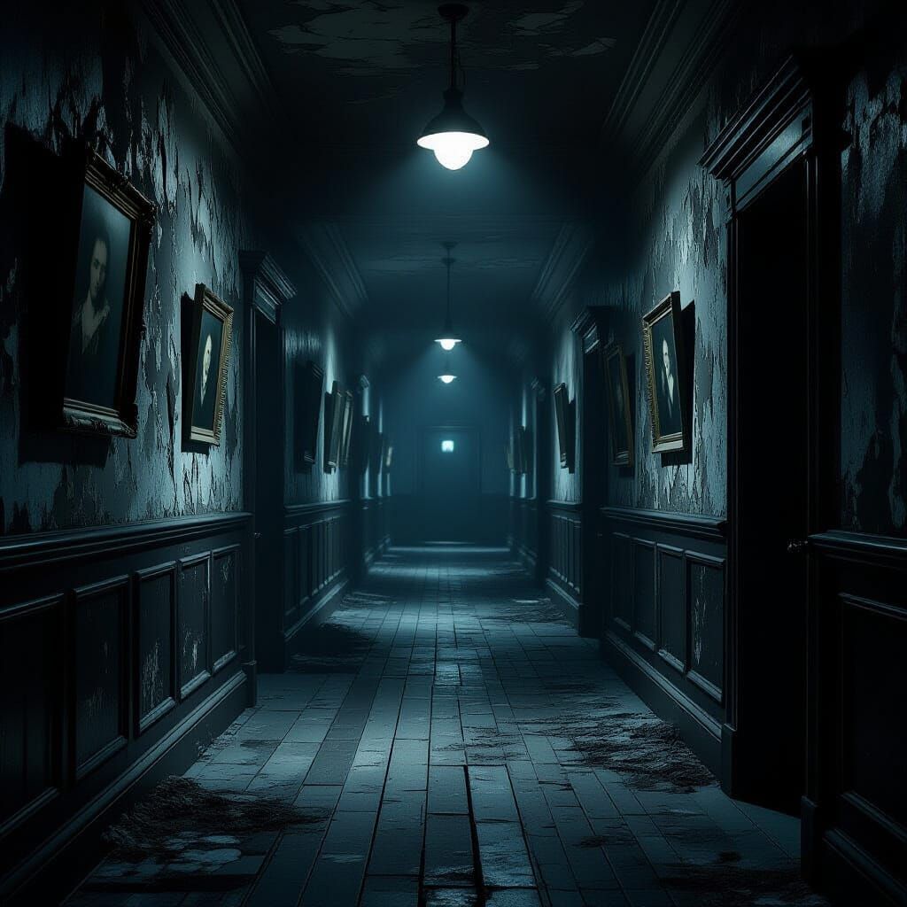 An endless, dimly lit hallway stretches into the unknown, it...