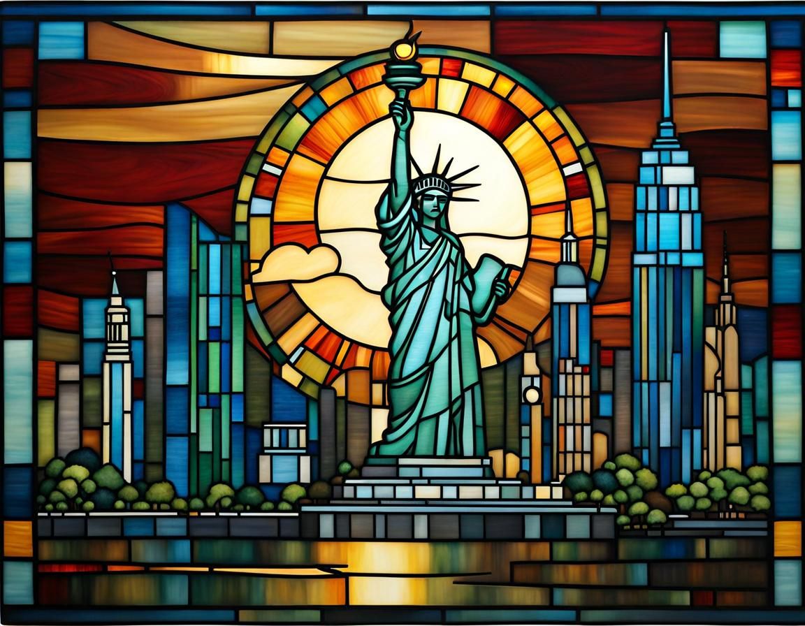 Stained Glass Manhattan Islandscape with Liberty