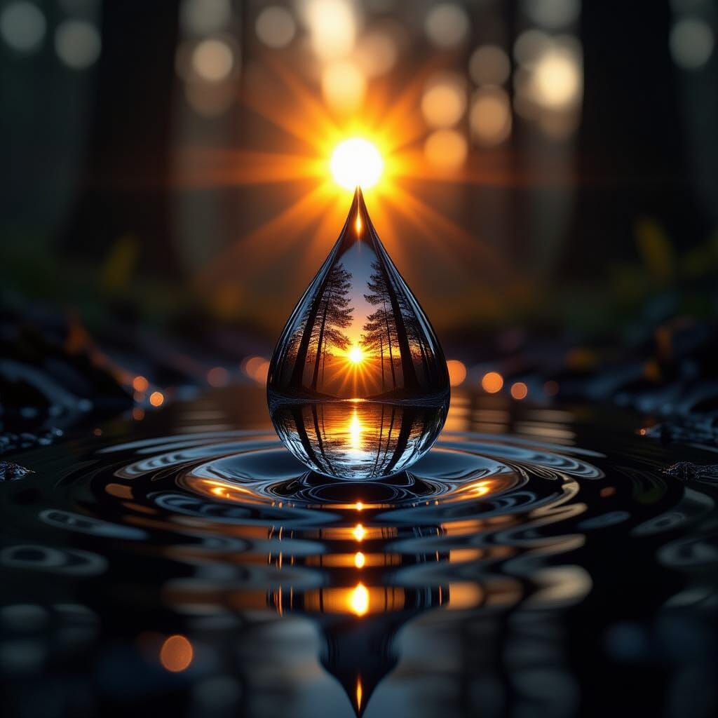 Water Drop Magnifies Sunrise in Dark Forest