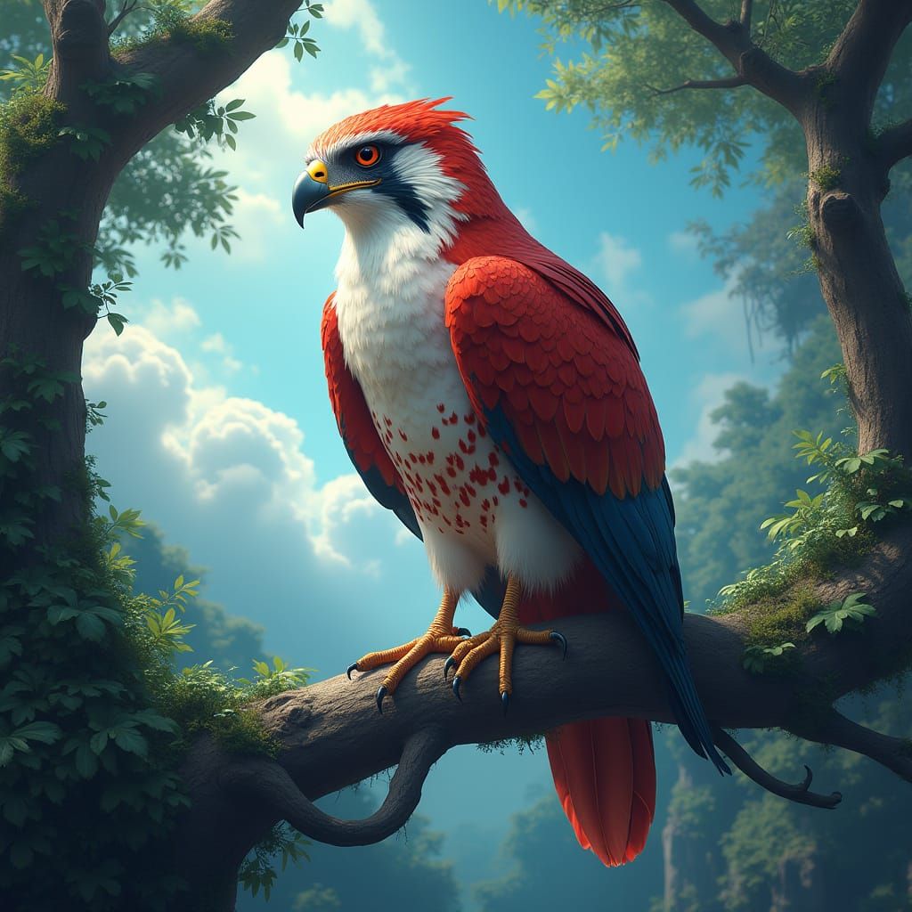 Surreal Red Falcon Amidst Ancient Tree and Lush Foliage in H...
