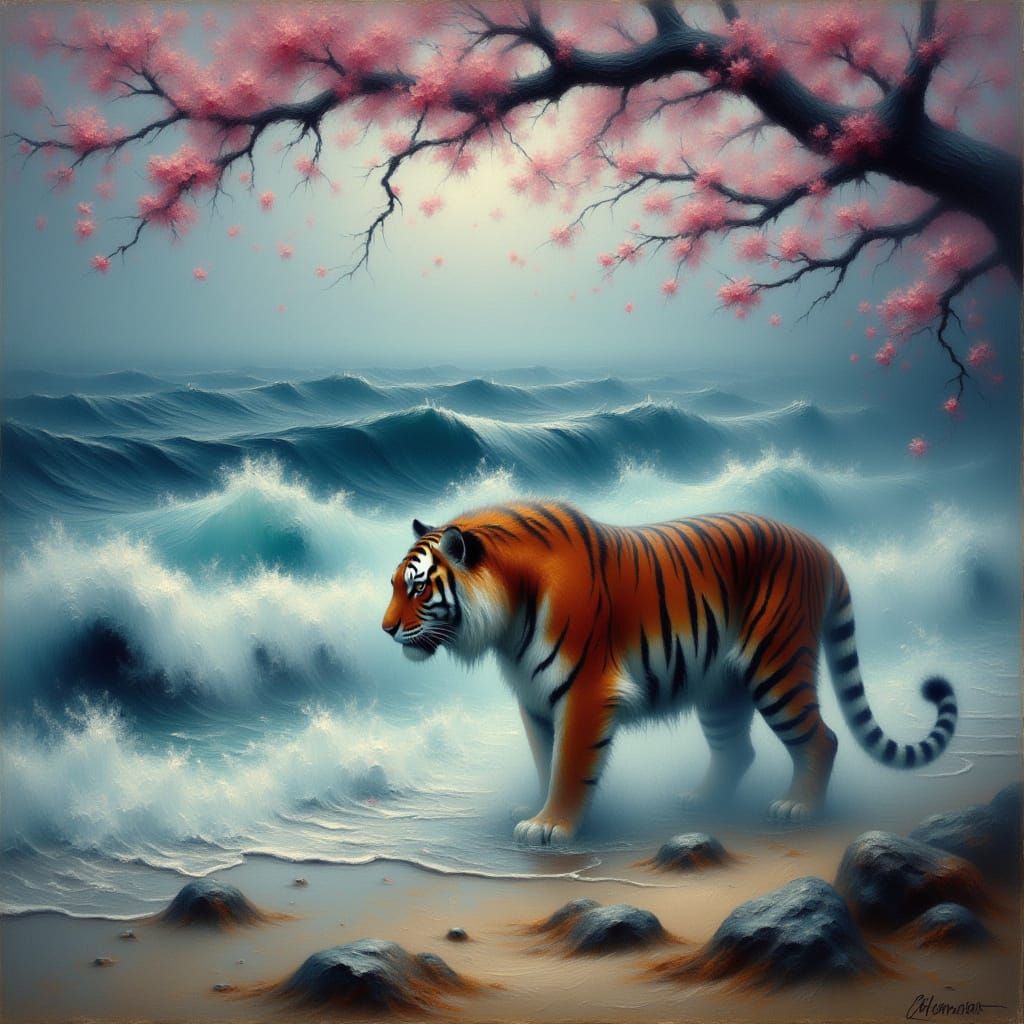 Tiger Stands Alone on a Dark Beach Under a Stormy Sakura Tre...