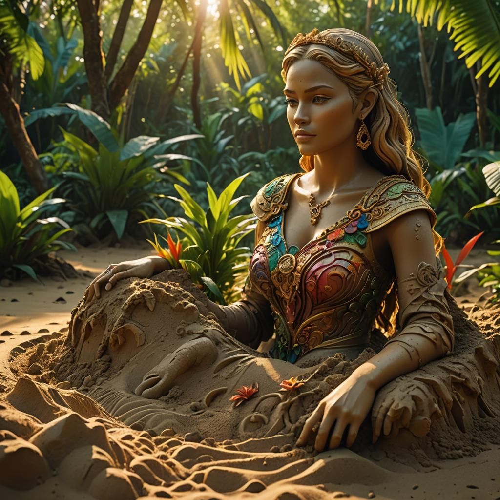 Sand Castle Sculpture at Sunrise: Hyper-Realistic Film Still