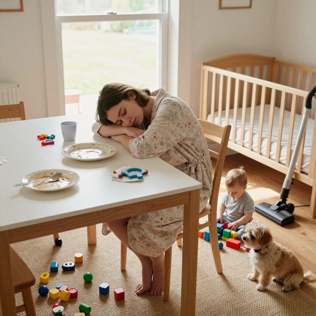 Woman Sleeping in Nursery with Baby and Dog
