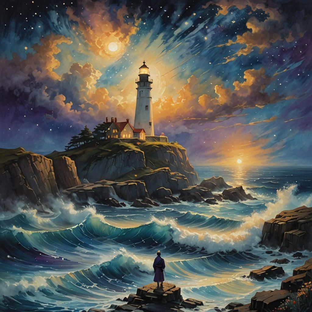 Ethereal Lighthouse Illuminates Ship at Night