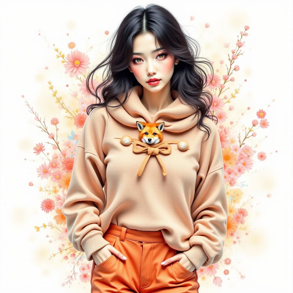 Modern Japanese Woman Hugs Fox in Watercolor Style