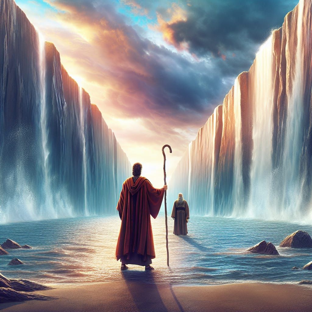 A Historical Figure Parts the Sea in Divine Scene