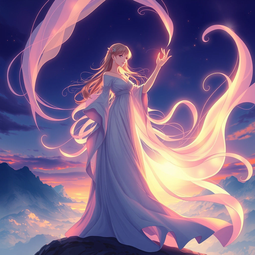 Anime Maiden Beckons from Mystical Realm in Cel-Shaded Style