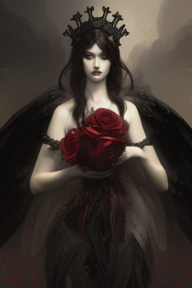 Gothic Angel Portrait with Black Wings in Concept Art