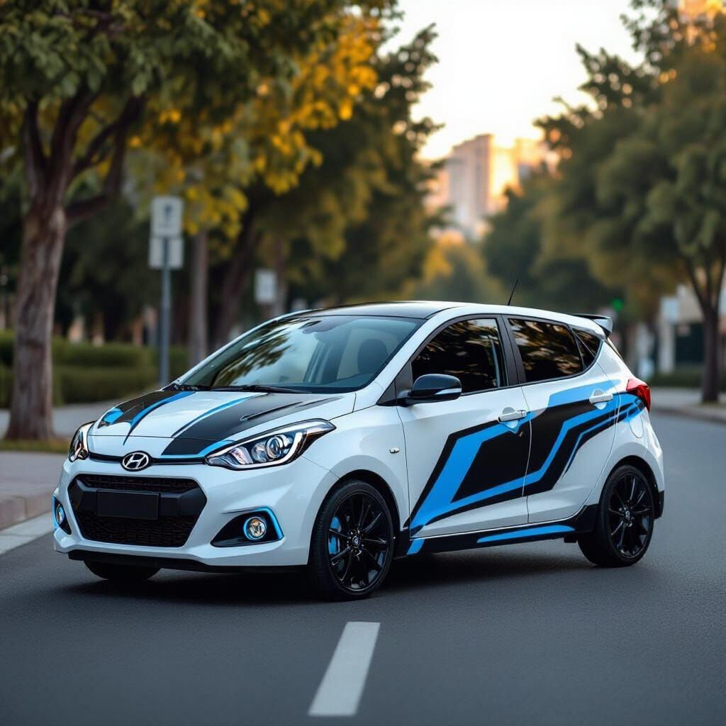White Hyundai i10 with Black and Blue Livery Design