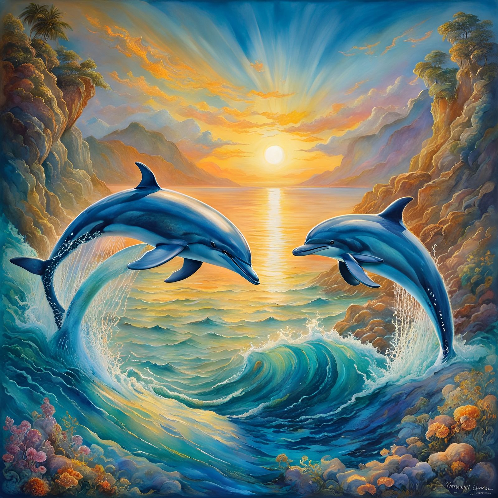 Dolphins at Play in Shimmering Golden Light