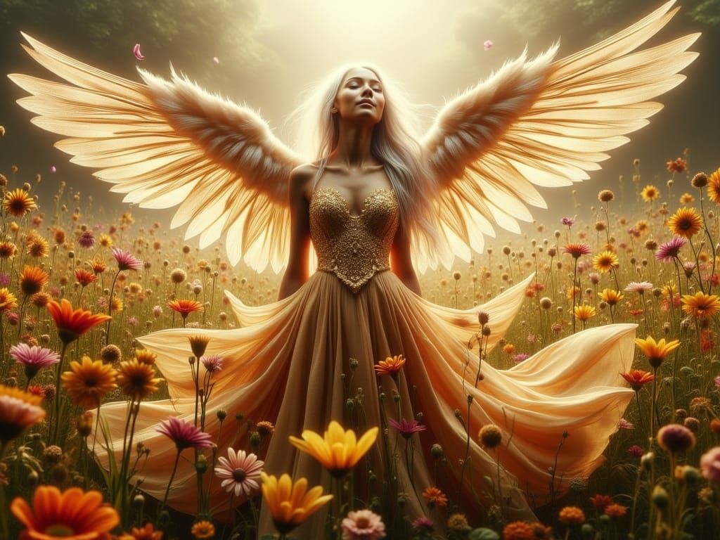 Full-Length Fairy Girl with White Hair and Golden Dress