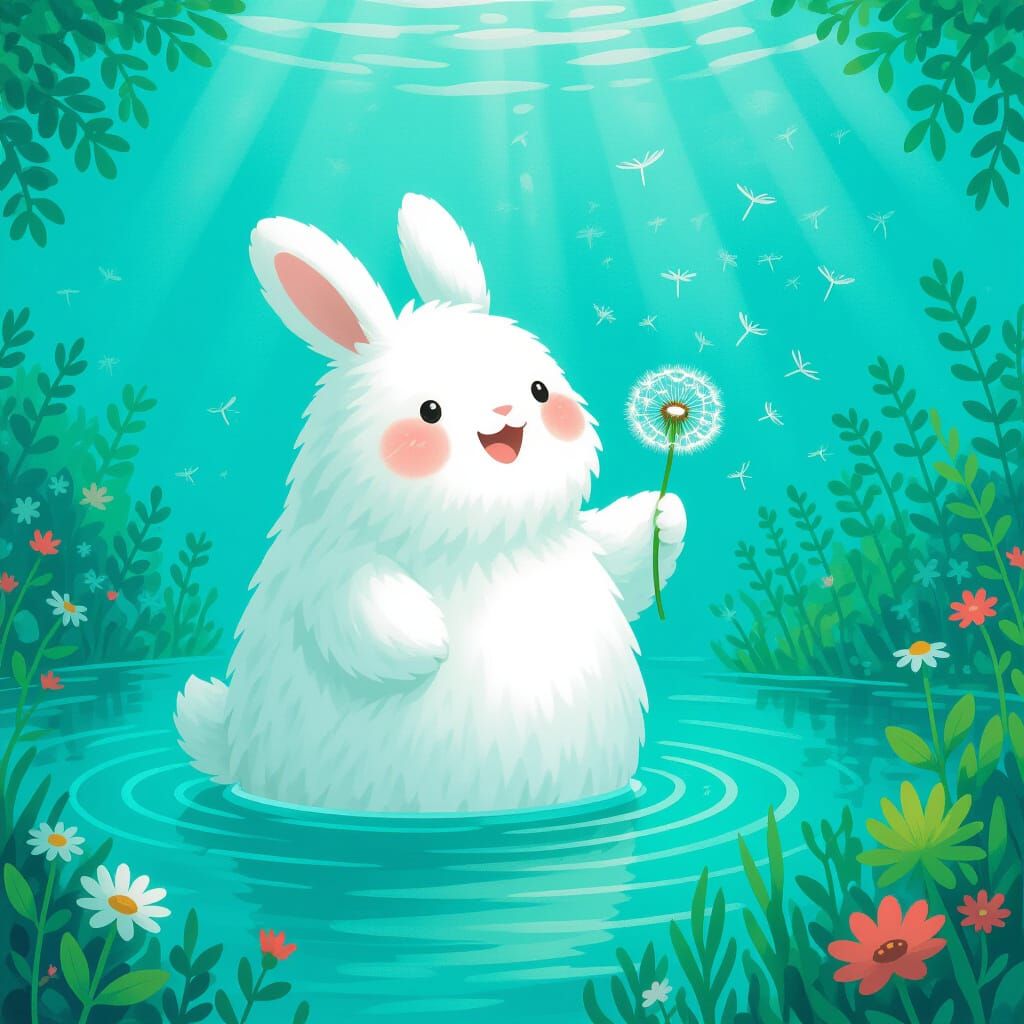 Whimsical White Monster Sings in Sea with Dandelion