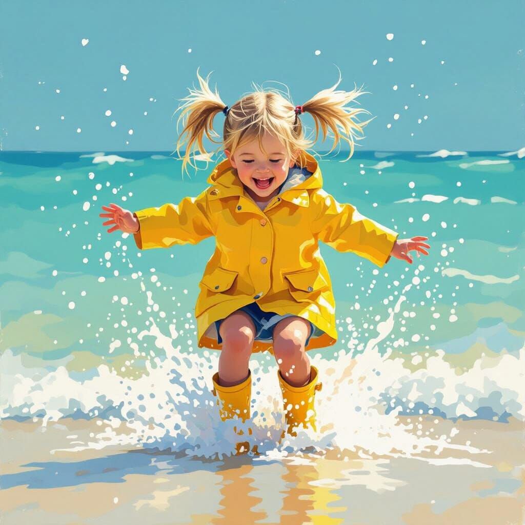Joyful Girl Splashing in Sunny Sea Waves