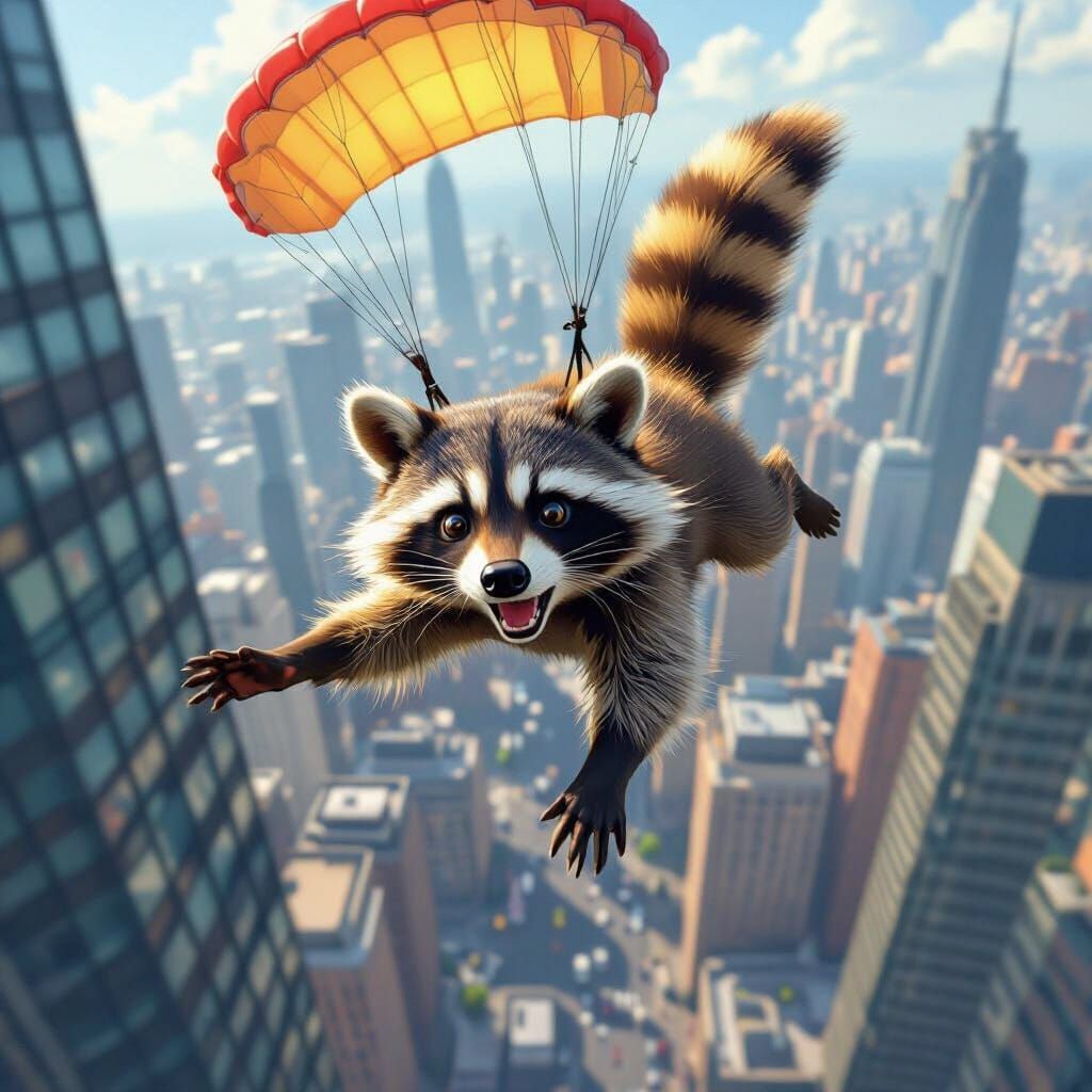 Raccoon's Parachute Dive Through Cityscape