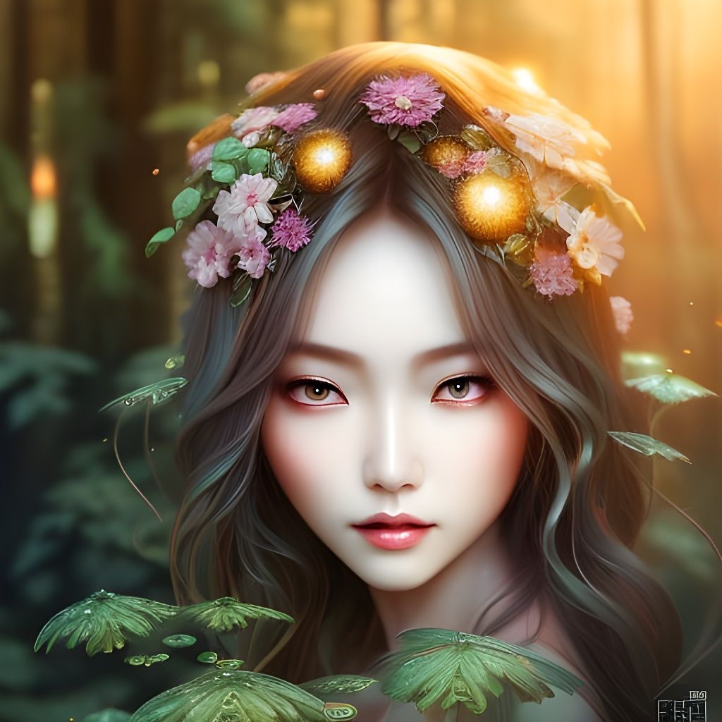 Water Haired Forest Dryad Portrait in Digital Painting Style