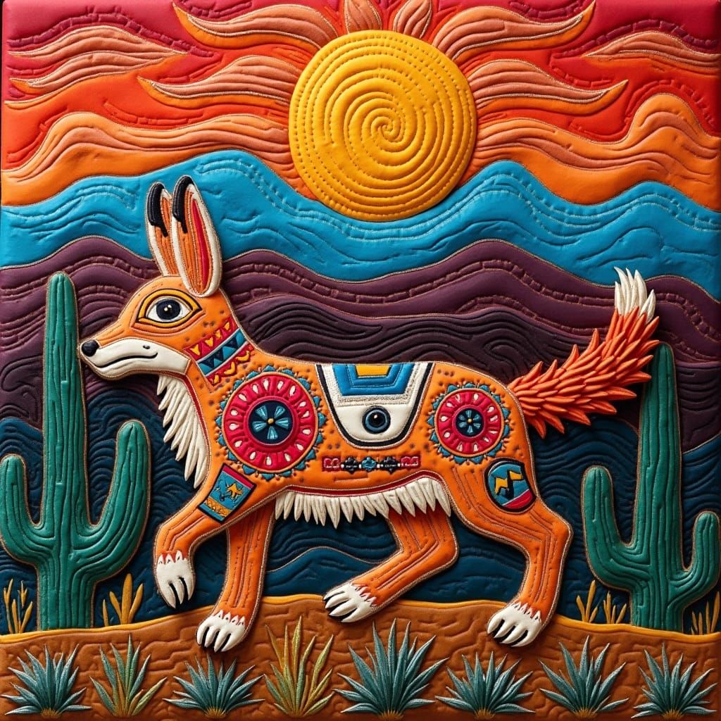 Navajo Embroidered Tapestry of Trickster Coyote