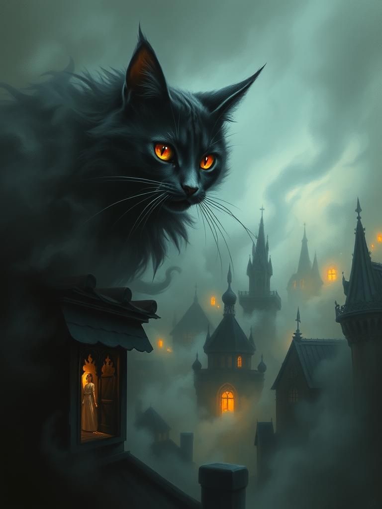 Eldritch Cat-Ghost Over Burning Medieval City