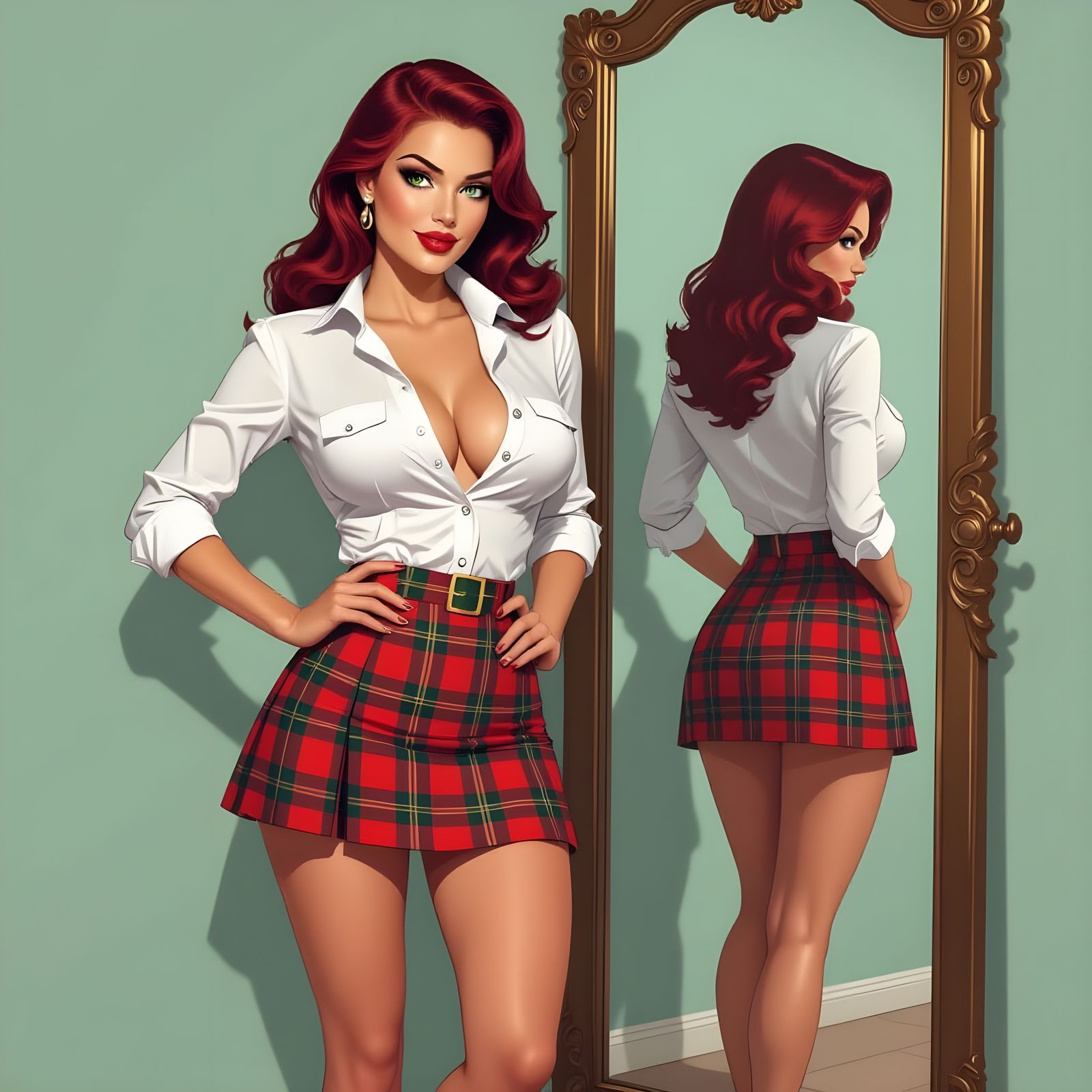 Pin-Up Style Woman with Mirror Reflection