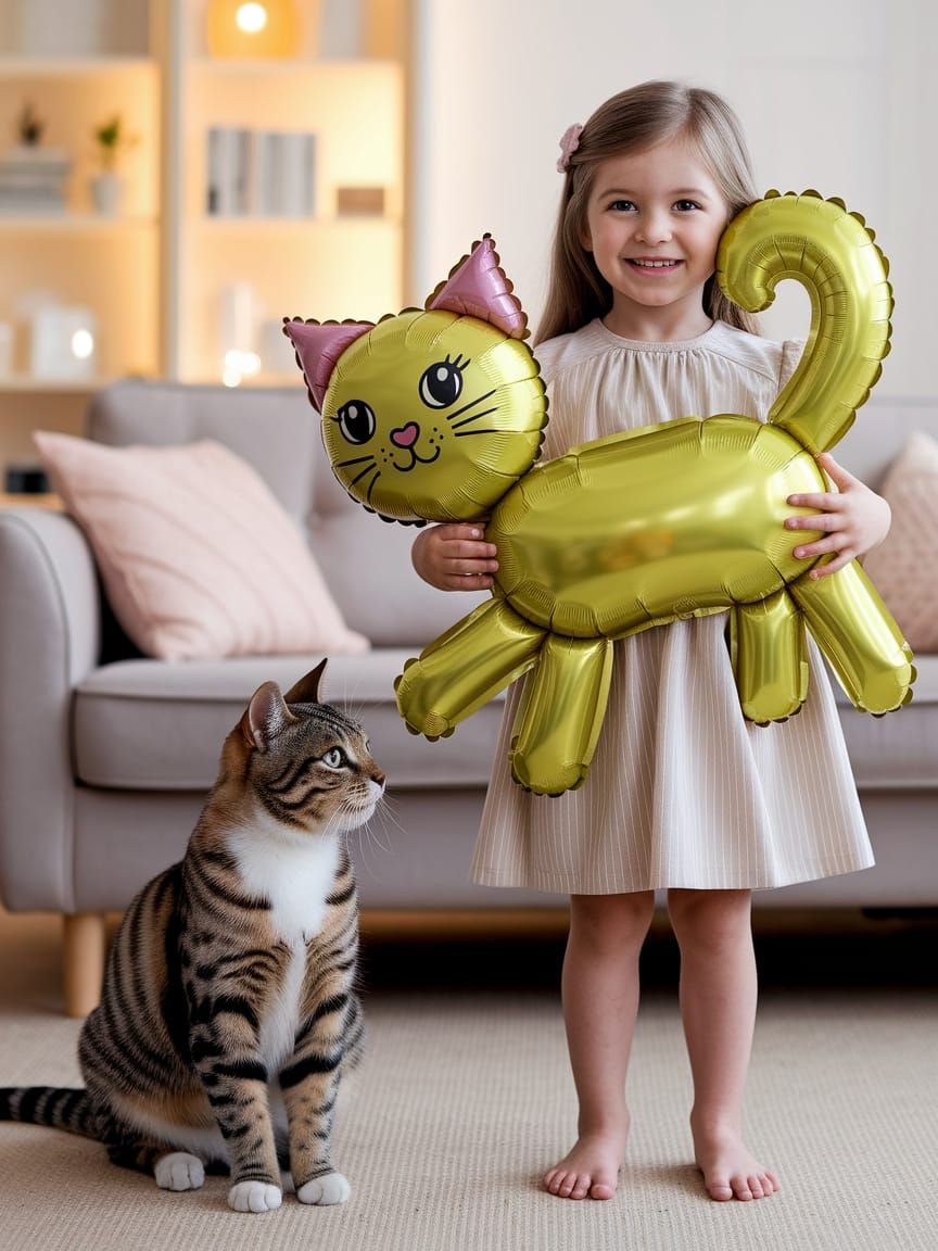 Girl with Cat Balloon in Pastel Living Room