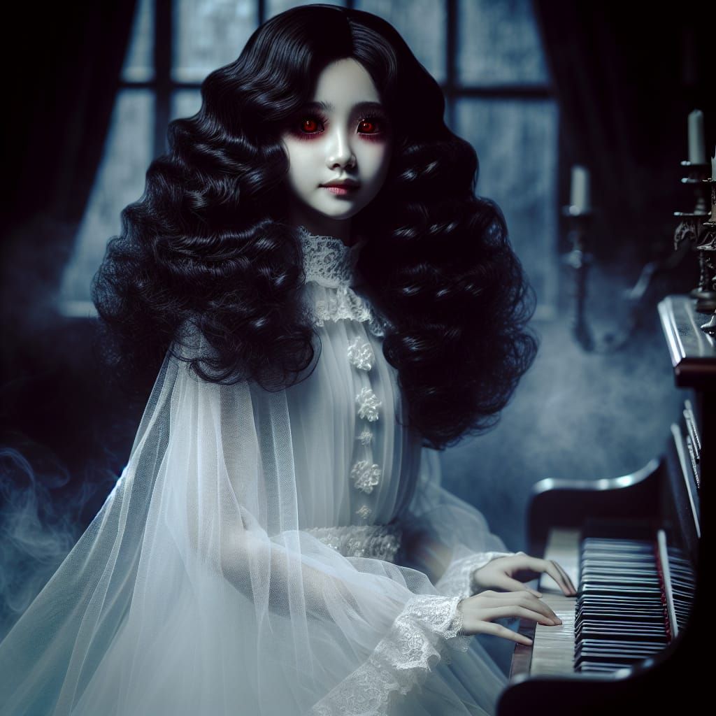 Ghost Lady with Red Eyes at Piano