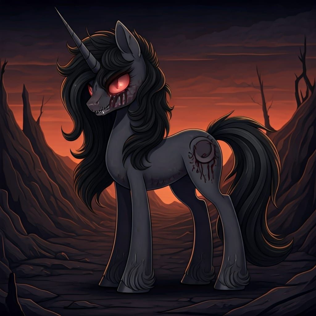 Evil Pony in Ruined Landscape: A Dark Vision