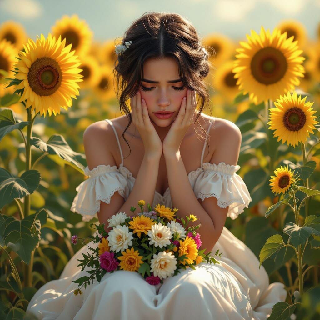 Crying Girl in Sunflowers, Dramatic Lighting
