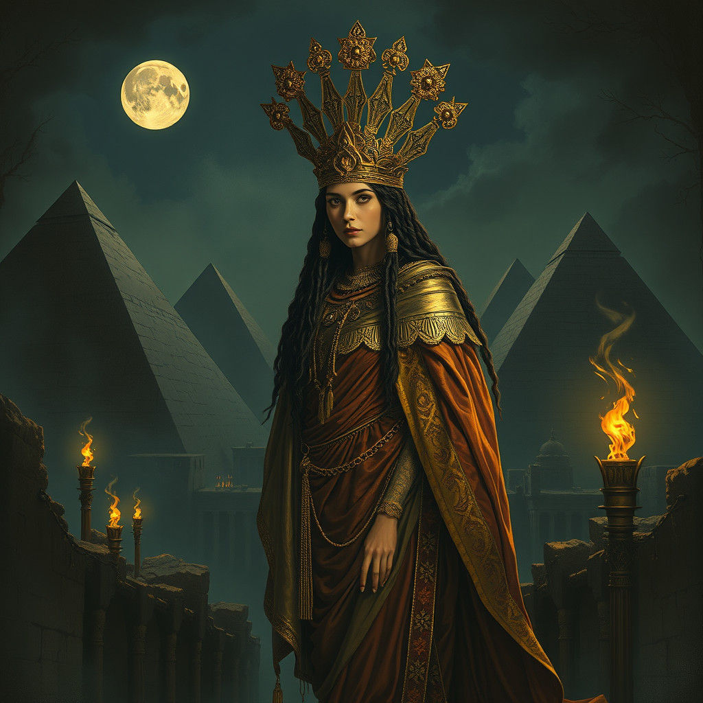 Babylonian Princess in Dark Fantasy Cityscape